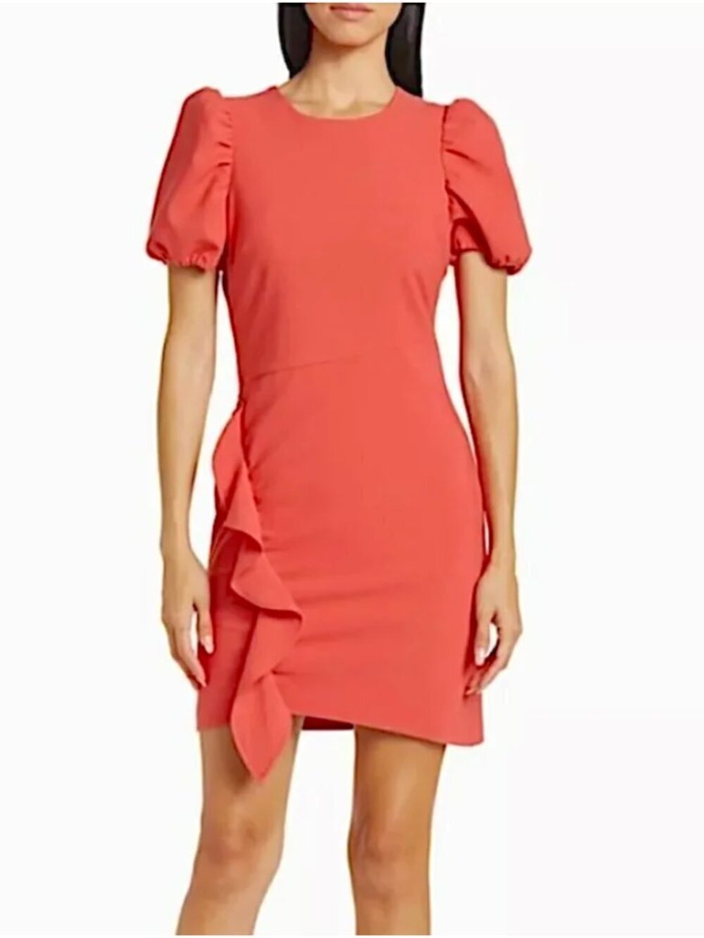LIKELY Malta Puff Sleeve Cascade Ruffle Front Sheath Dress